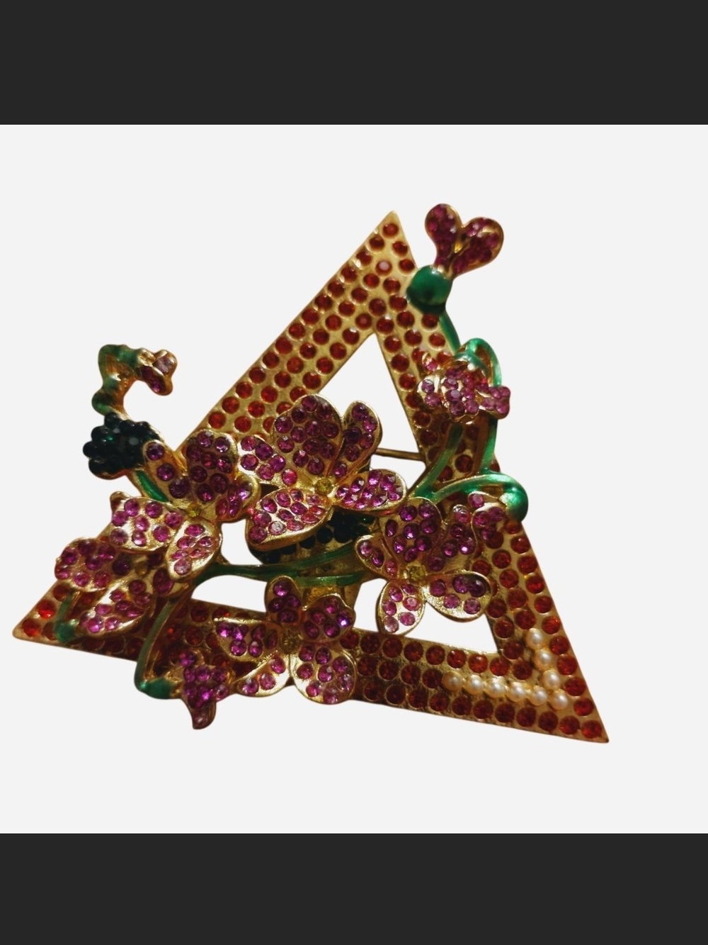 Gold-Tone Floral Crystal Triangle Brooch - Pink & Green